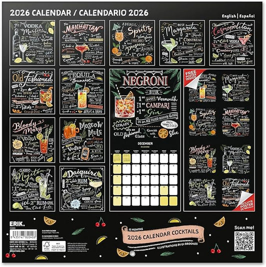 Cocktails Wall Calendar 2026 12" x 12" FSC® Plastic Free - Starts Week On Sunday | Family Planner Calendar 2026