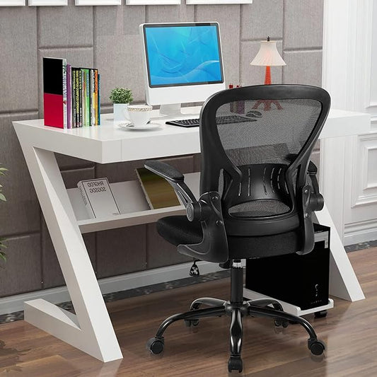 Youhauchair Mesh Office Chair, Ergonomic Home Office Desk Chairs with Flip-up Arms and Lumbar Support, Height Adjustable, Black