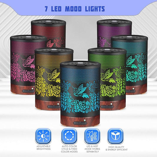Metal Essential Oils Diffuser 150ML Aromatherapy Diffuser Cool Mist Humidifier with 7 Colors Lights Waterless Auto Off Air Diffusers as Gifts for Moms Women Girls (D-Hummingbird)