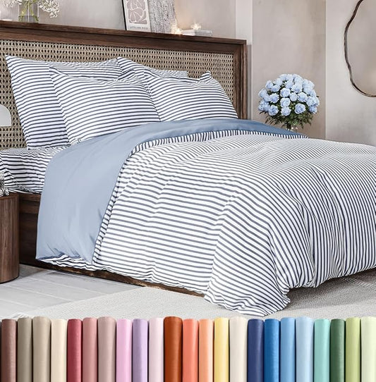Duvet Cover Cal King Size Set - Extra Soft Cal King Size Duvet Cover 104 x 98 with 2 Pillow Shams - Hotel Luxury and Fade Free w/Zipper Closures & Ties - Comfy Breathable Bedding Set (Blue Stripes)