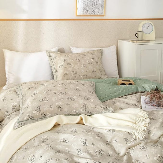 mixinni Duvet Cover Set Floral King Size Soft Cotton Bedding Flower Green Leaves on Beige Comforter Cover Set (1 Duvet Cover+ 2 Pillowcases) for Her and Him-Easy Care, Soft and Durable King Size
