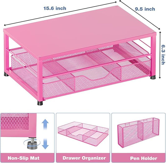 OPNICE Desk Organizer and Accessories, 2-Tier Computer Monitor Stand with Drawer and 2 Pen Holders, Laptop Stand, Office Desk Accessories for Office Supplies, Carmine Rose
