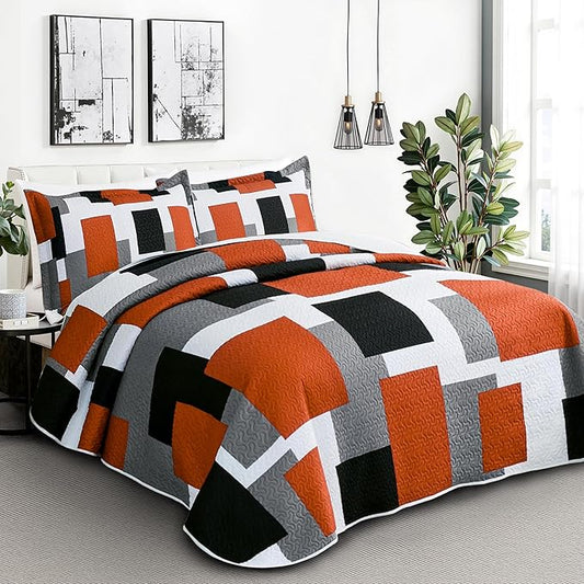 3 Piece Orange Grey Quilt Set Full/Queen Size Black White Gray Geometric Reversible Bedding Set Microfiber Lightweight Bedspread Coverlet with 2 Shams Modern Bed Covers for All Season, 90''x96''