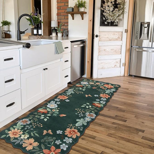 Lahome Floral Kitchen Runner, 2x5 Rug Runners for Hallways Non Slip Ultra-Thin Soft Non Slip Washable Runner Low-Pile Stain Resistant Boho Carpet for Bathroom Bedroom(2x5ft,Dark Green)