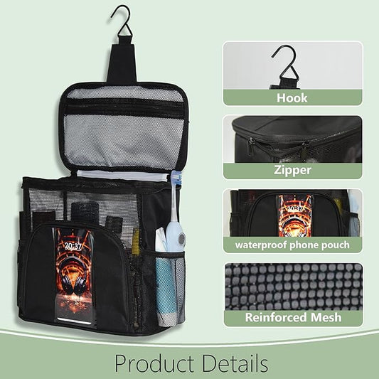 Mesh Shower Caddy, Portable Shower Bag Tote, Hanging Quick-Dry Toiletries Box Suitable for University Dormitories, Bathrooms, Gyms, Travel, Camping, Swimming, and RVs (Black)