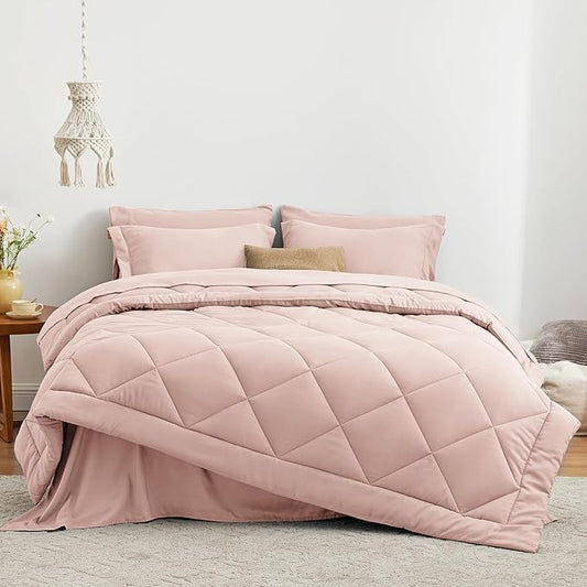 Love's cabin California King Comforter Set Pink, 7 Pieces California King Bed in a Bag, All Season Bedding Sets with 1 Comforter, 1 Flat Sheet, 1 Fitted Sheet, 2 Pillowcase and 2 Pillow Sham