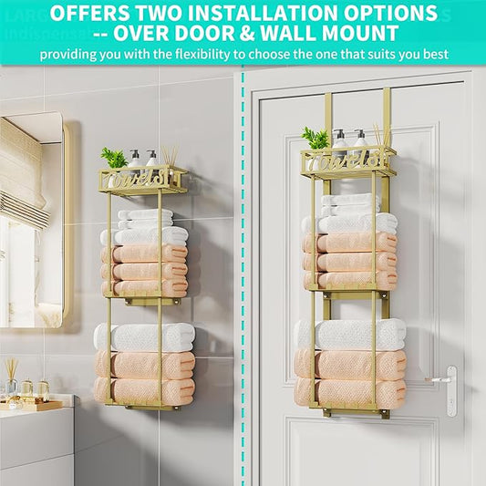 HapiRm Towel Rack Bathroom Storage - 3 Tier Over The Door & Wall Mounted Rolled Towel Racks Holder Organizer with Metal Shelf and 6 Hooks for Small Bathroom, Camper, Rv - Black