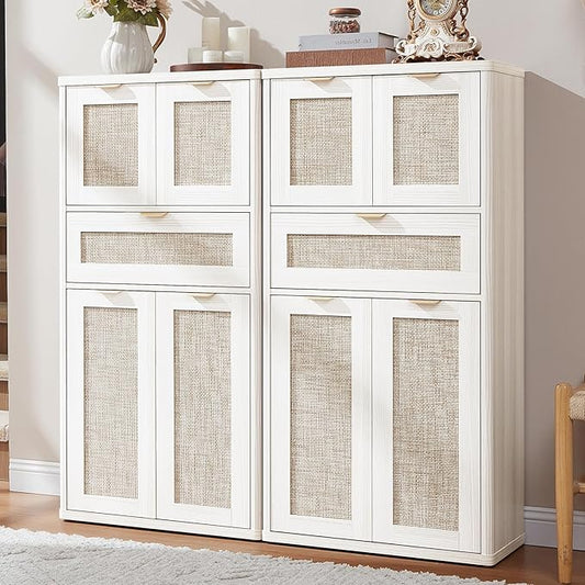 LEYAOYAO 48" Tall Storage Cabinet Set of 2,Rattan Bathroom Floor Cabinets with 2 Doors & 1Drawer,Boho Kitchen Pantry with Adjustable Shelves,Wooden Cupboard for Living Room,Home Office,White Cream Oak