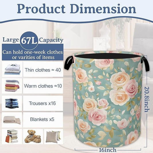 Vintage Pink Rose Laundry Basket,Foldable Waterproof Oxford Cloth Tote Bag Laundry Hamper with Handles,20.8"x16" Clothes Storage Bucket Organizer for Laundry Room, Bathroom, Bedroom