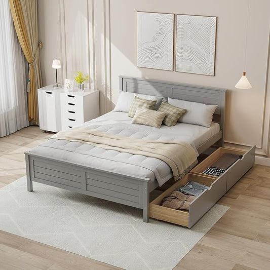 Giantex Wood Full Size Bed Frame with 2 Storage Drawers, Solid Wood Platform Bed with Headboard, Wooden Slats Mattress Foundation, No Spring Needed, Full Bed Frame for Kids, Teens, Adults, Grey