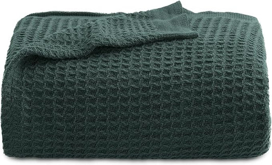Bedsure Gentlesoft 100% Cotton Large Throw Blanket for Couch 50x70 inches - Breathable and Soft, Waffle Weave Throw Blanket for Office, Dark Green