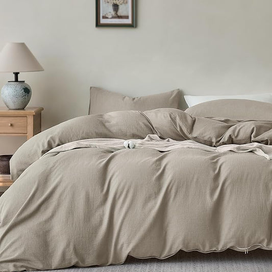 JELLYMONI Washed Cotton Duvet Cover Set Twin Size, Taupe - Super Soft & Breathable Bedding Comforter Cover with Zipper, for Modern Home, Guest Room, and Everyday Use,1 Duvet Cover & 1 Pillowcase