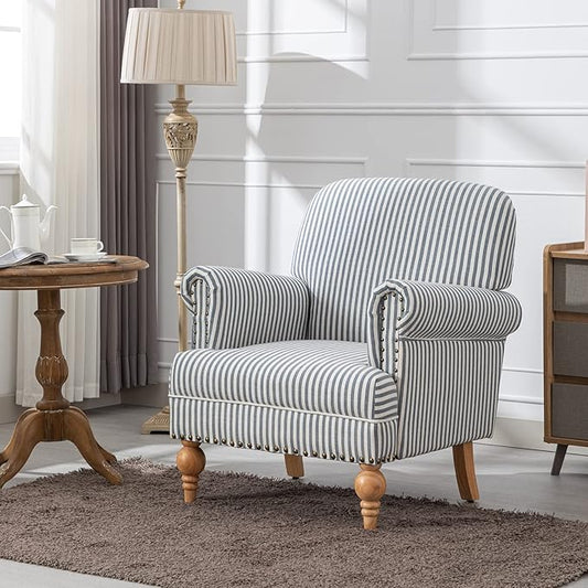 chairus Linen Accent Chair for Living Room Set of 2 Upholstered Mid Century Modern Single Sofa Chair with Solid Wood Legs Comfy Reading Armchair for Bedroom/Office Room/Recption/Lounge, Blue Stripe