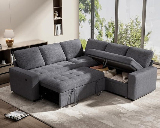 WEUP 5 Seat L Shaped Sectional Sleeper Sofa Bed with Pull Out Bed, Chenille Sectional Sleeper Couch with Adjustable Backrest, USB Ports & Storage Seat, Tool-Free Assembly, Chenille Dark Grey