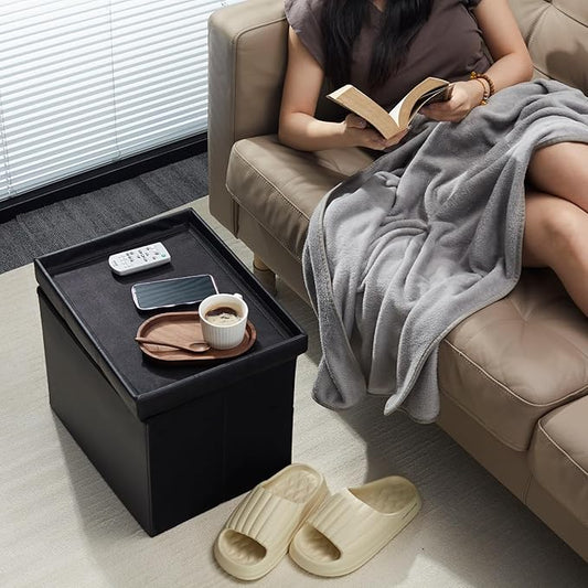 AmasSmile Storage Ottoman Folding Foot Rest Stool with Side Pocket, 16 inch Leather Footstool Bench, Short Ottoman Bench, Storage Foot Rest Store, Books, Black