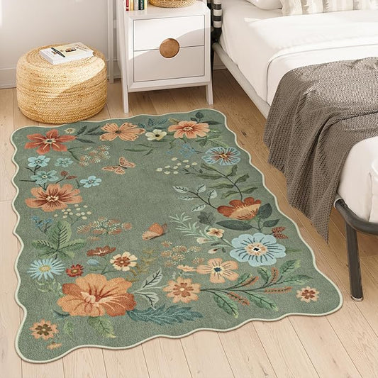 Lahome Floral Washable Rugs, 4X6 Rug for Bedroom Ultra-Thin Soft Dining Room Rug, Non-Slip Living Room Rugs Stain Resistant Boho Rug Lightweight Low-Pile Throw Rug for Office (4x6ft,Green)