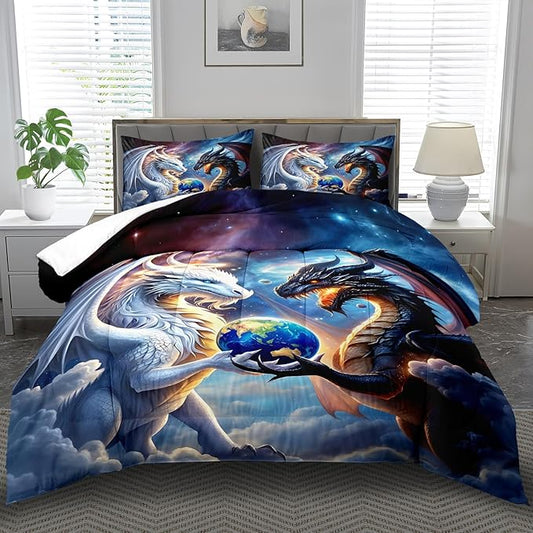 Black White Dragon Comforter Set Full Boys Flame Ancient Mysterious Creatures Fantasy Dragon Bedding Set Boys GirlsWhite and Black Comforter Full Size Animals Quilt Room Decor