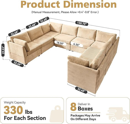 Large 8 Seat Modular Sectional Sofa with Ottoman Seat Corduroy Sleeper Sectional Sofa Bed Oversized Convertible Modular Couch for Living Room