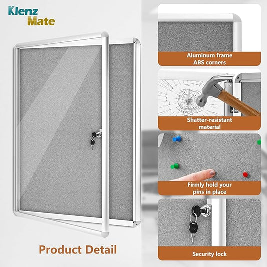 38"x28" Enclosed Bulletin Board Tamper-Proof Dispaly Case,Grey Fabric&Aluminium Frame,Shatter Resistant Lockable Bulletin Board with Clear Acrylic Door for School,Office,Mall,Community,Hospital,Church