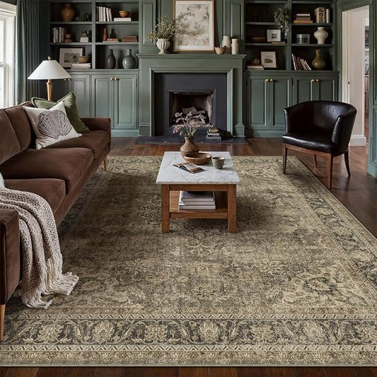 9x12 Brown Area Rug Vintage Living Room Bedroom Washable Carpet Non-Slip Soft Low Pile Distressed Indoor Large Throw Rug for Dining Room Office