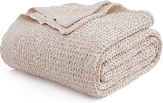 Bedsure Gentlesoft 100% Cotton Blanket Twin XL Size for College Dorm - Breathable and Soft, Waffle Weave Twin Blanket for Summer, Dorm Room Essentials, Begie, 66x90 inches
