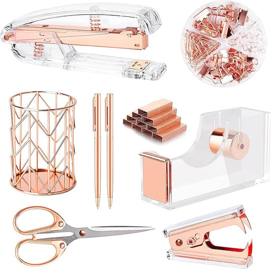 Famassi Rose Gold Desk Accessories,Office Supplies Set Acrylic Stapler Set Staple Remover, Tape Holder, 2 Ballpoint Pen, Scissor, Binder/Paper Clips and 1000pcs Staples.