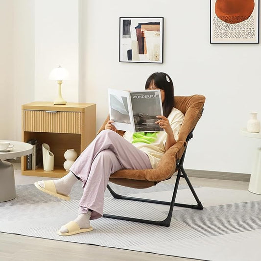 Comfy Saucer Chair for Adults, Soft Faux Fur Bedroom Chair, Accent Dorm Chairs, Flexible Living Room Reading Chairs, Oversized Folding Lounge Seat for Teens, X-Large, Brown