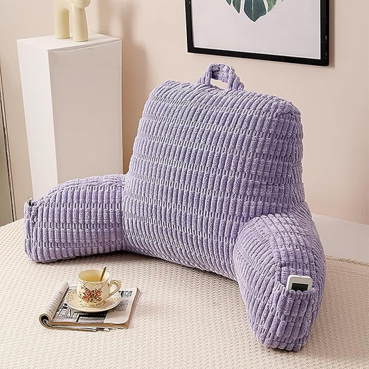 Reading Pillow for Sitting in Bed, Large Backrest Reading Pillow with Arm Rest,Back-Rest Support Cushion for Sit Up on Couch, Sofa, and Floor (Light Purple Corduroy, Standard(17"))