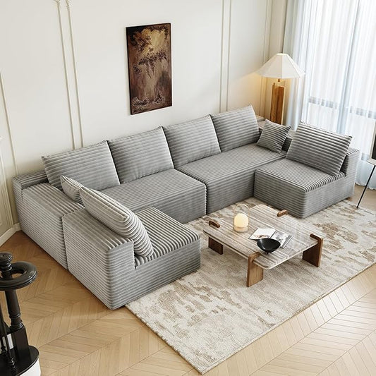 139.4" Modular Sectional Sofa, U-Shaped Minimalist Couches with 2 Middle Seats, Modern Deep Seat Convertible Sleeper Sofa Bed,Cloud Plush Corduroy Fabric, No Assembly Required, 6 Seater, Grey