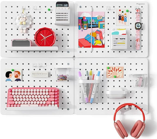 Pegboard Wall Organizer Combination Kit,Overall 33.1"x25.4" Metal Office Pegboard with 21 Accessories, Wall Mounted Peg board Display Panels for Home, Gaming Room, Garage (4Pcs,White)