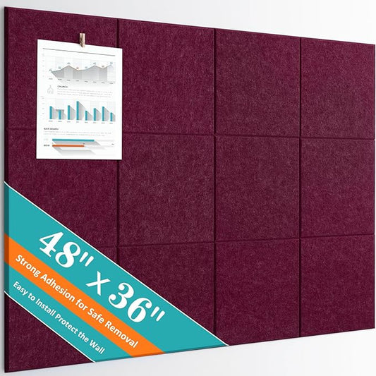 Large Bulletin Board 48" x 36" - 12 Pack Felt Wall Tiles with 60 Pcs Safe Removable Adhesive Tabs & 40 Pcs Pushpins, Cork Board for Office, School & Dart Wall Protector - Burgundy