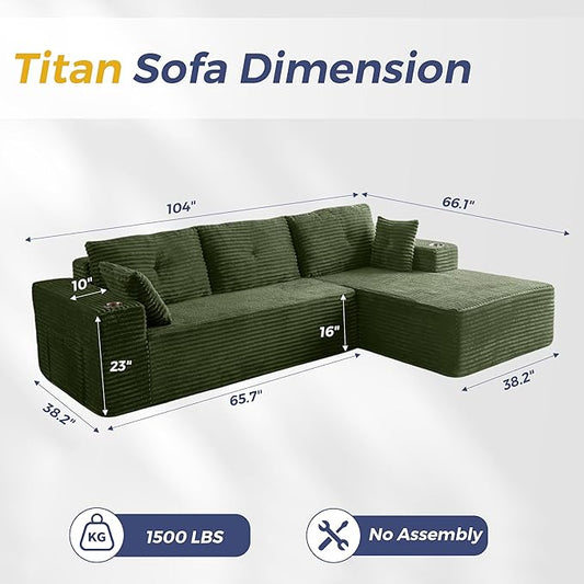 MAXYOYO 104" Modular Sectional Couch with L-Shape Chaise, Modern Boneless Couch for Living Room, Sofa in A Box, Oversized Sofa Sleeper with Deep Seat, No Assembly Required, Green