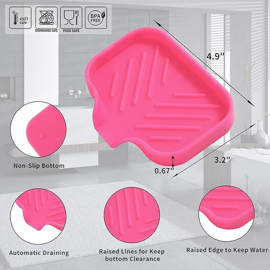 Silicone Bathroom Soap Dishes with Drain Spout-Bathroom and Kitchen Sink Organizer,Sponge Holder,Dish Soap Tray,Perfect for Dispenser,Scrubber,Bottle,Cup on Sink or Counter-Rose 4.9"×3.2"
