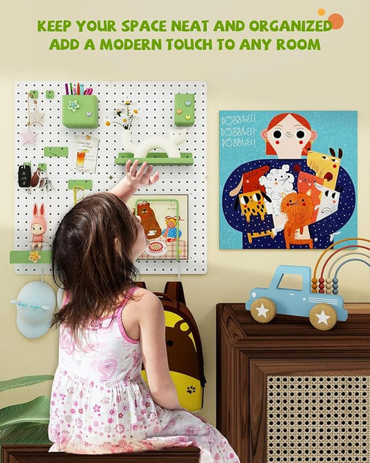 Metal Pegboard Combination Kit — 4 Carbon Steel Pegboards with 26 Accessories, Pegboard Wall Organizer for Home, Office, Study Room, Kitchen, Garage & Craft Room — 24″ × 24″ White Peg Board