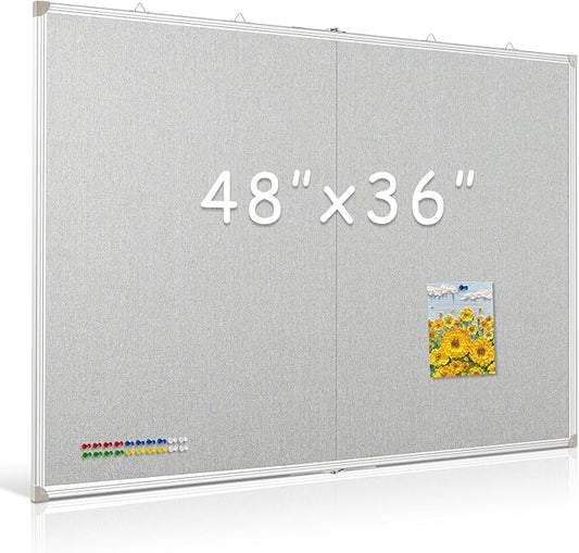 DOLLAR BOSS Foldable Linen Board, 48 x 36 Inch Corkboard, Large Bulletin Board, Portable Double Sided Aluminum Frame Wall Mounted Pin Board for Office School Dorm Supplies with 20 Push Pins, Grey