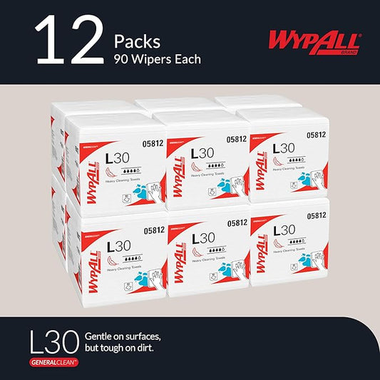 WypAll GeneralClean L30 Cloths Heavy Duty Cleaning Wipes (05812), Quarterfold, Strong and Soft Bulk Paper Wipers, White (12 Packs of 90 Sheets, 1,080 Sheet Total)