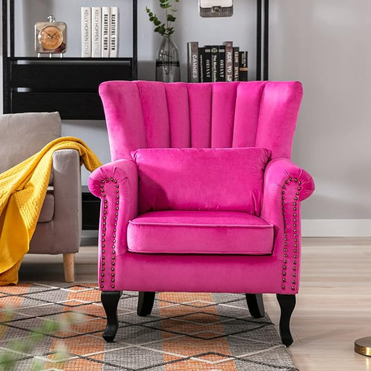 Mid Century Accent Chair Modern Tufted Wingback Armchair Club Chair Velvet Fabric Single Sofa Lounge Chair with Pillow for Living Room Bedroom, Rose Pink
