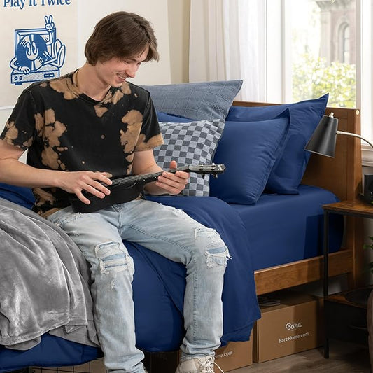 Bare Home Bed-in-A-Bag 5 Piece Comforter & Sheet Set - Twin XL - Goose Down Alternative - Ultra-Soft 1800 Premium Bedding Set (Twin XL, Dark Blue/Dark Blue)