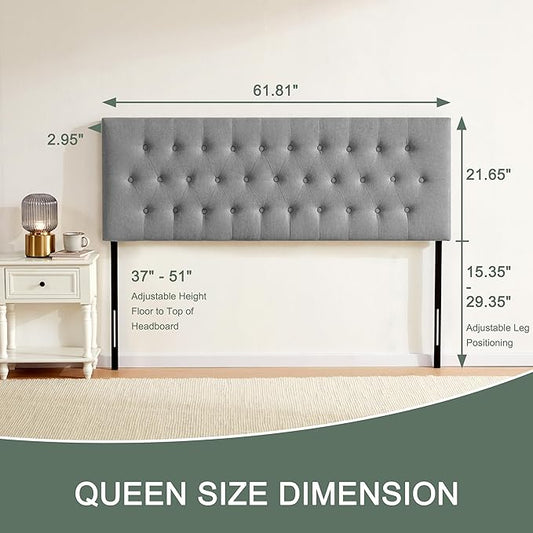Tufted Upholstered Headboard Queen Size, Solid Wood Head Board with Durable Metal Legs, Adjustable Height Bed headboard from 37” to 51” Fabric Headboard in Modern Button Design, Grey
