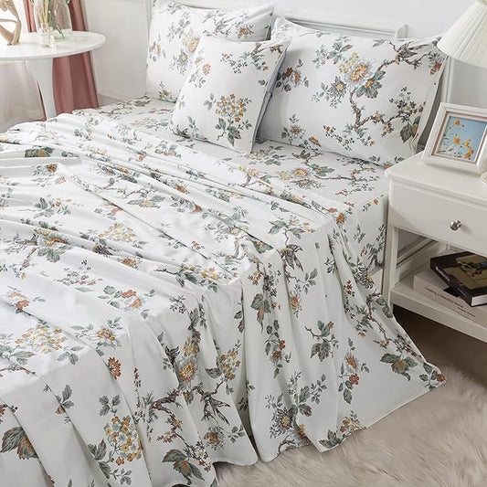 FADFAY Elegant Floral Bedding Set - Shabby Beige Bird Print Flower Sheet Set, Vintage Farmhouse Style, 100% Cotton Ultra Soft Bed Sheet with Deep Pocket Fitted Sheet, Queen Size, 4Pcs