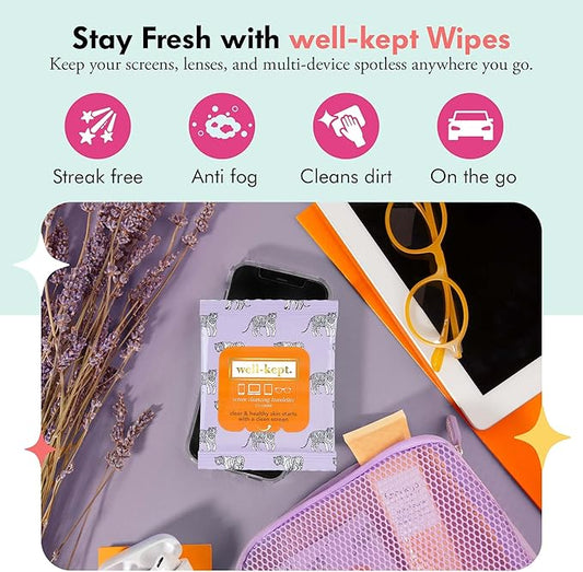 Well-Kept Tech & Lens Wipes - Eyeglass, Screen & Phone Cleaning, Multi-Surface, Lint-Free, Pre Moistened, Streak-Free & Non Scratching - Tiger Pose, 12 Pack (180 Count)