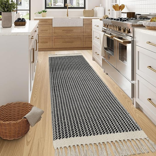 Lahome Boho 2x7 Hallway Runner Rug, Bathroom Runners Lightweight Entry Woven Cotton Black Runner Rug with Tassels, Farmhouse Door Mats Indoor Low Pile Carpet for Laundry Room Decor
