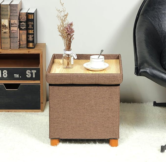 B FSOBEIIALEO Storage Ottoman with Tray, Foot Stools and Ottomans with Legs, Storage Cube Seat Linen Brown 15"
