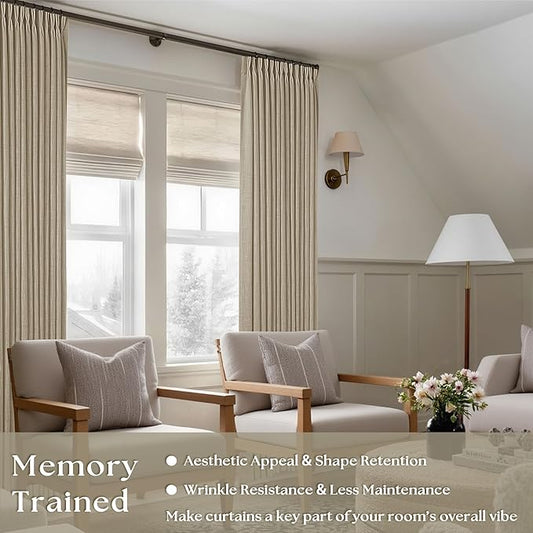 Textured Linen Burlap Curtains 84 Inches Long 2 Panels Neutral Country Tan Greige Flax Ceiling Floor Pinch Pleated Curtains Hooks Track Light Filtering Privacy Drape for Living Room Ofiice Grey Beige