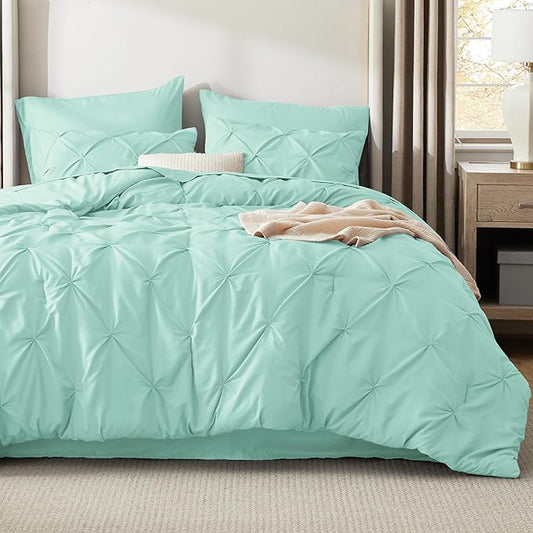 Bedsure Queen Comforter Set Mint Green - Bed in a Bag Queen Size Bedding 7 Pieces, GentleSoft™ Pintuck Bed Set Gift for Family, Pinch Pleat All Season Comforter with Sheets, Pillowcases & Shams