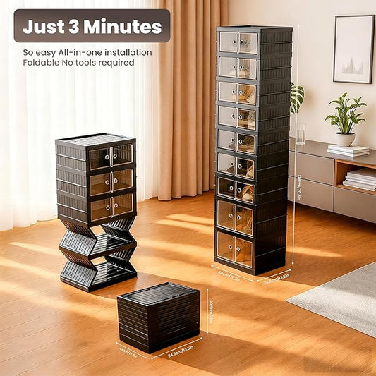 Foldable Shoe Organizer Storage Box, Portable Extra Large Folding Shoe Rack for Closet, Shoe Storage Box with Magnetic Transparent Door and Wheels, 9 Layers 18 Grids with 4 Big Grids