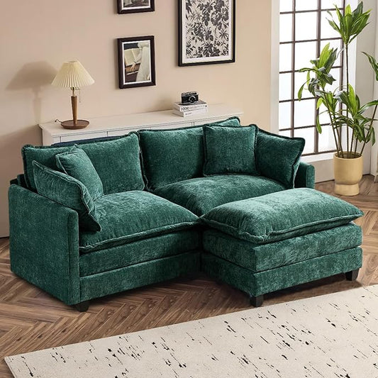 SoarFlash Chenille 77.95" Sectional Sofa, Comfy L Shaped Modular Coush Sofa with Ottoman, Modern 2 Seat Couch Deep Seat Sofa Set for Living Room,Green