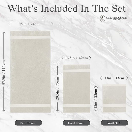 Premium Staple Cotton Bathroom Towel Set - Beige 600 GSM 6-Piece Luxury Bath Towel Set 1 Stripe - 2 Bath Towels, 2 Hand Towels & 2 Washclothes Set - High Absorbent & Quick Dry for Gym, Spa, Hotel