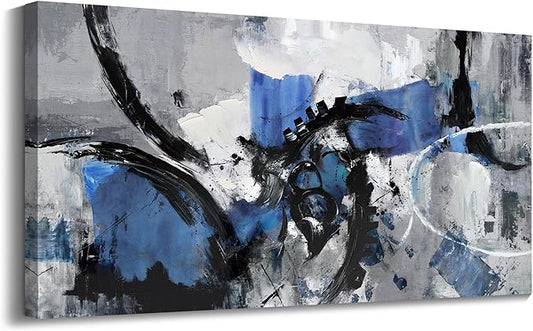Large Abstract Wall Art - Canvas Wall Art in Blue and Black Tones, Framed Gray Artwork for Living Room, Bedroom, and Office Decorations for Work - Modern Wall Decor and Pictures