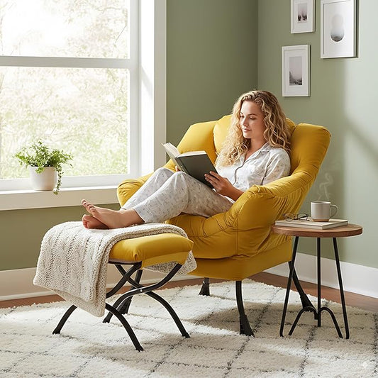 Lazy Chair and Ottoman, Large Accent Lounge Chair with Armrests and a Side Pocket, Modern Leisure Upholstered Sofa Reading Armchair with Footrest for Bedroom, Living Room, Dorm Rooms, Office